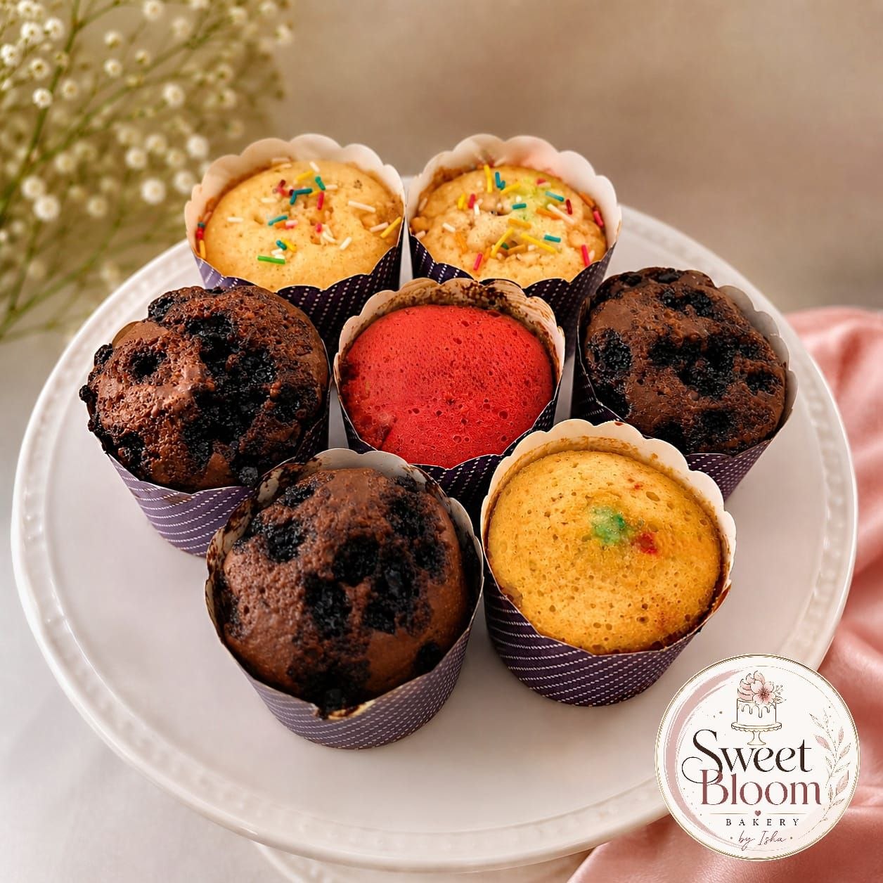 Assorted freshly baked cupcakes — vanilla sprinkle, red velvet, chocolate chip and confetti in a floral plate — Sweet Bloom Bakery, Asansol