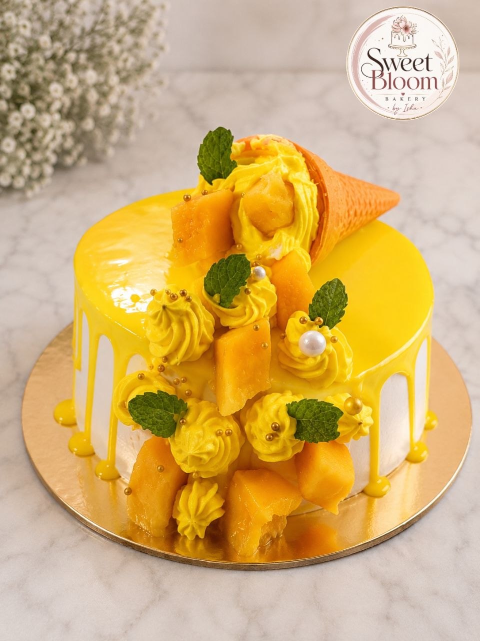 Mango drip cake with waffle cone, fresh mango cubes and mint leaves — Sweet Bloom Bakery, Asansol