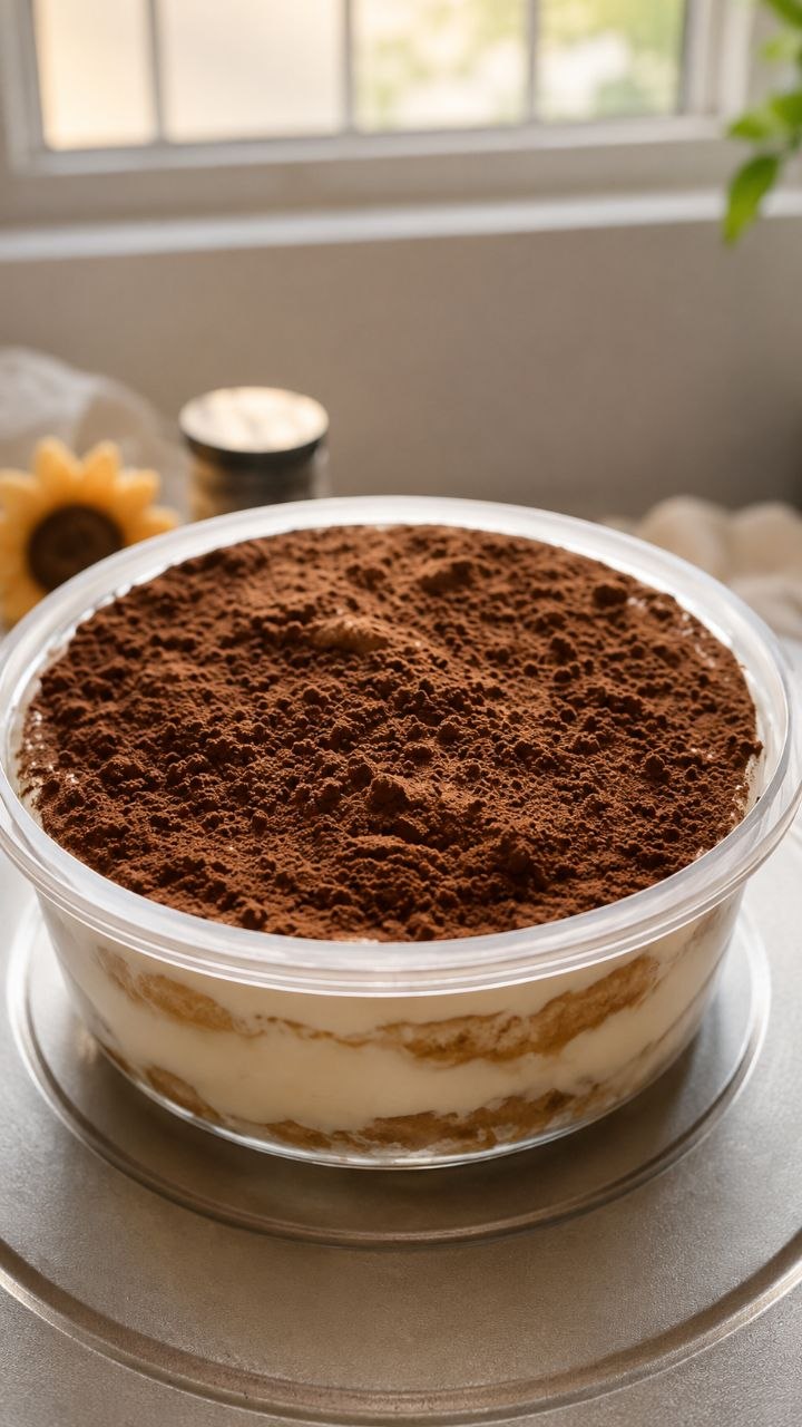 Fresh Italian tiramisu tub with thick cocoa dusting, mascarpone cream and coffee-soaked ladyfingers — Sweet Bloom Bakery, Asansol