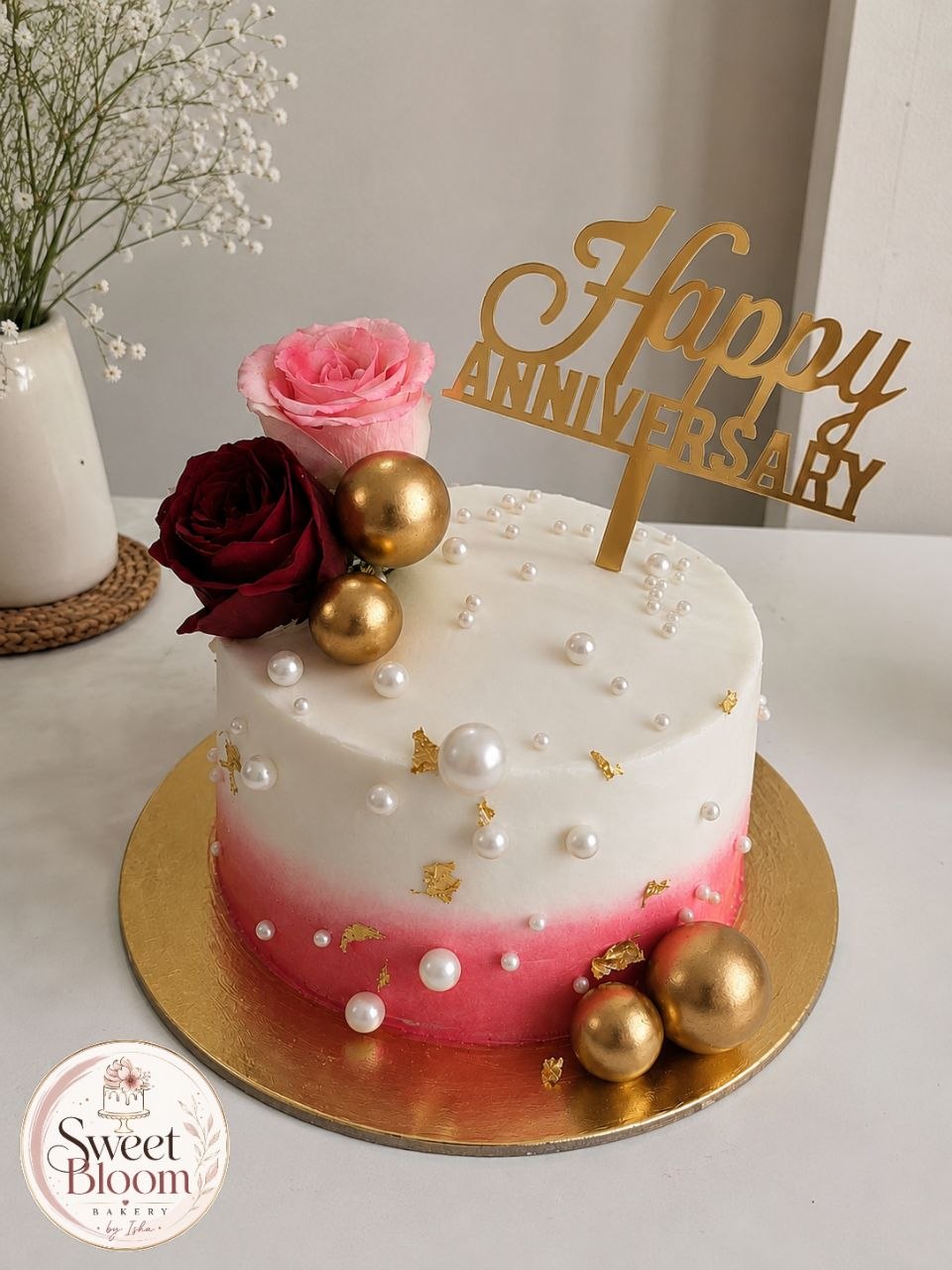 White and pink ombre anniversary cake with pearls, gold leaf and fresh roses — Sweet Bloom Bakery, Asansol